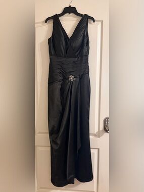 Black Ruched Satin Prom Dress with Jeweled Accent